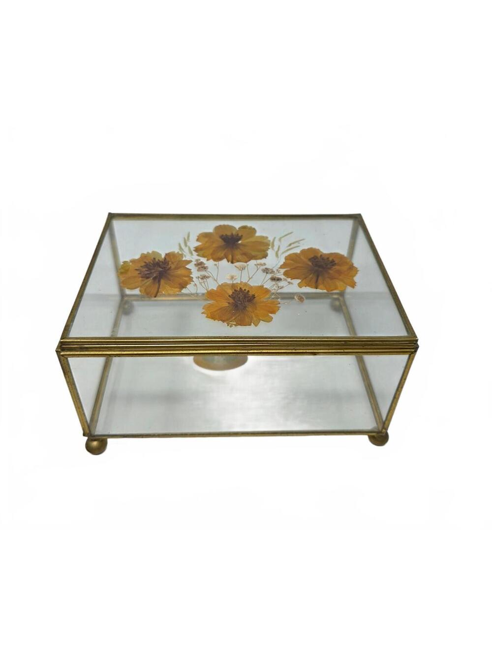 Vintage California Blossoms Pressed Flower Glass Jewelry Box Pan Pacific